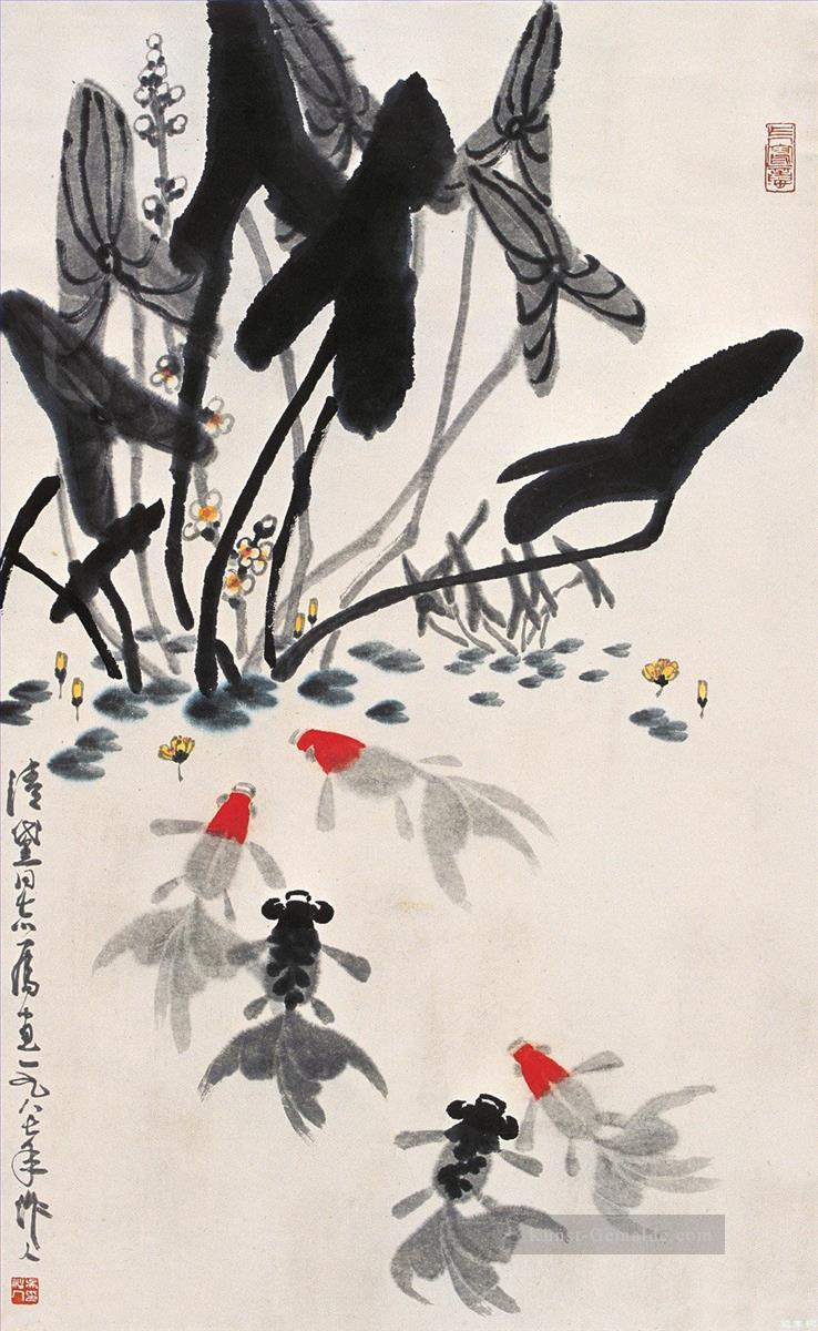 Wu zuoren Goldfisch und Wasserlilien Chinesische Malerei Ölgemälde